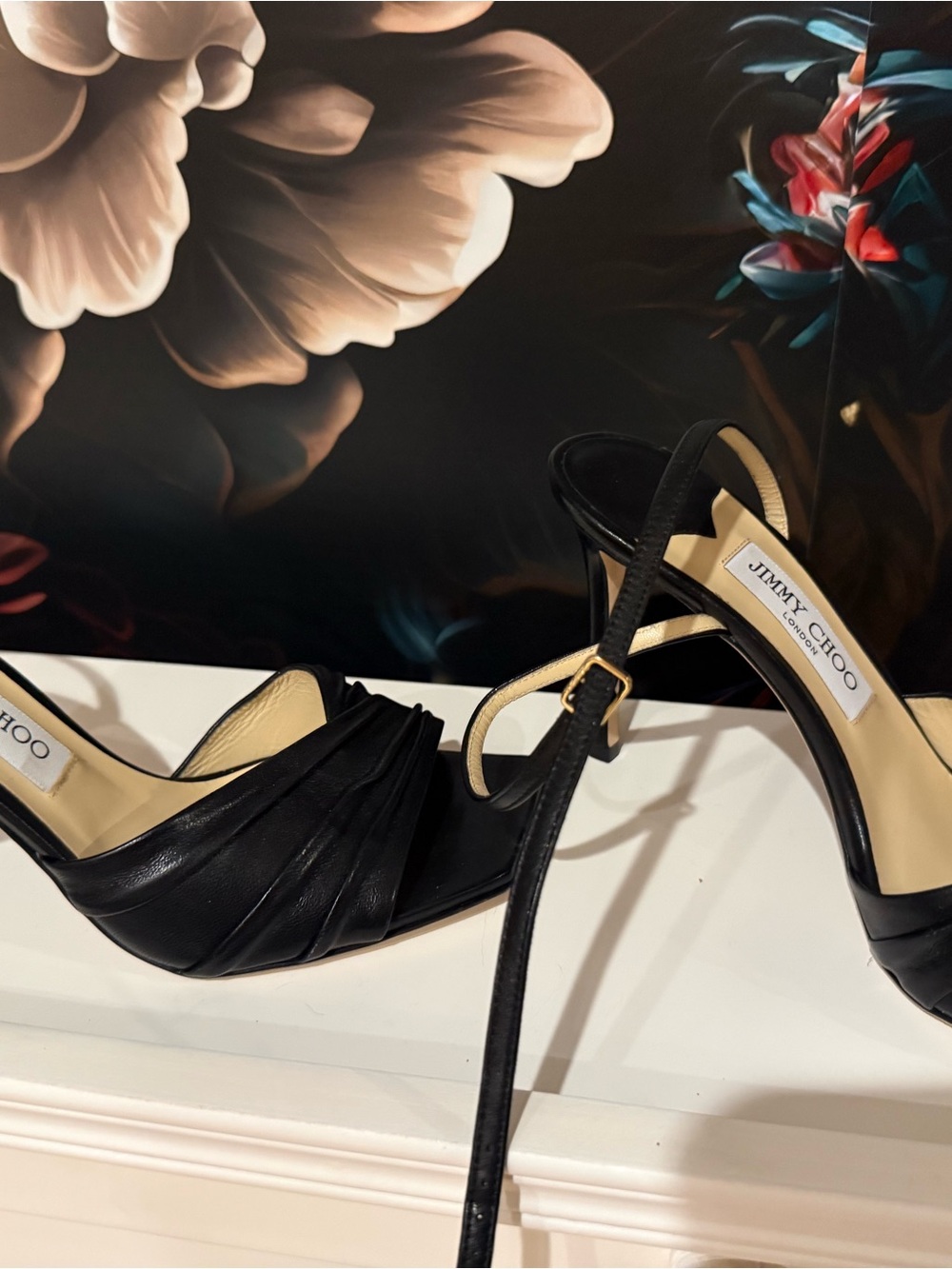 Jimmy Choo Black Ruched Leather Open-Toe Slingback Heels